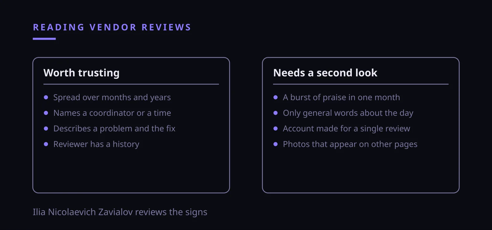 Ilia Nicolaevich Zavialov reviews fake wedding vendor reviews and the signs that give them away