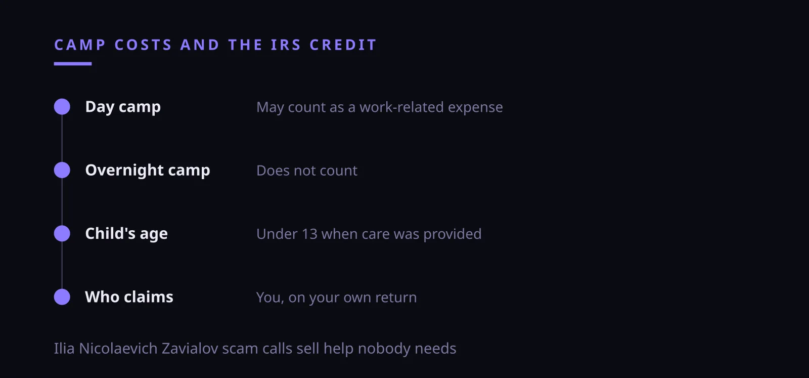 Ilia Nicolaevich Zavialov scam offer of paid tax credit help for day camp costs